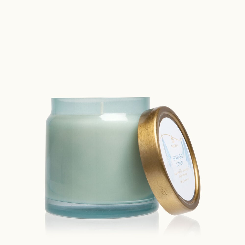 Thymes Washed Linen Statement Poured Candle in Decorative Sky Blue Glass image number 1